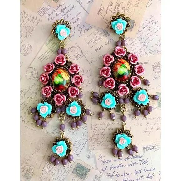Michal Negrin Chandelier Earring Pink Turquoise Rose Bohemian Victorian Designer - Picture 5 of 5